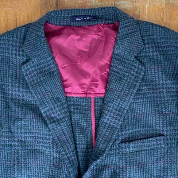 Vintage Mens Blue Plaid Blazer Size 46 1990s Wool Blend Sport Coat Suit Jacket